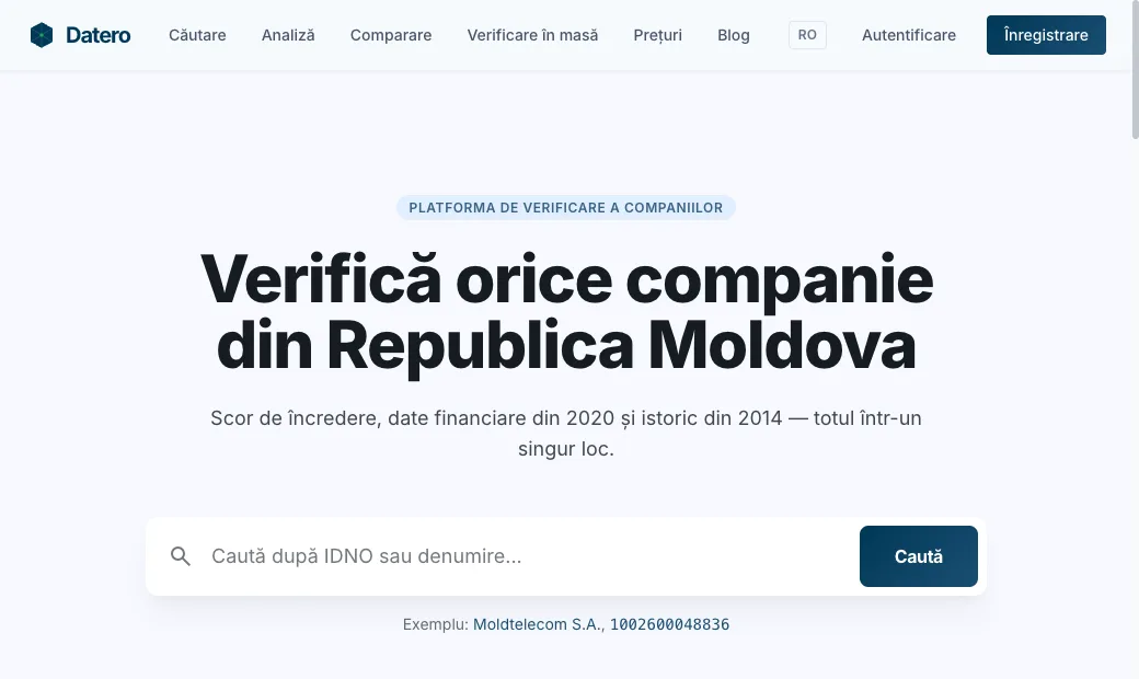 Prima pagină datero.md: căutare companie după IDNO sau denumire